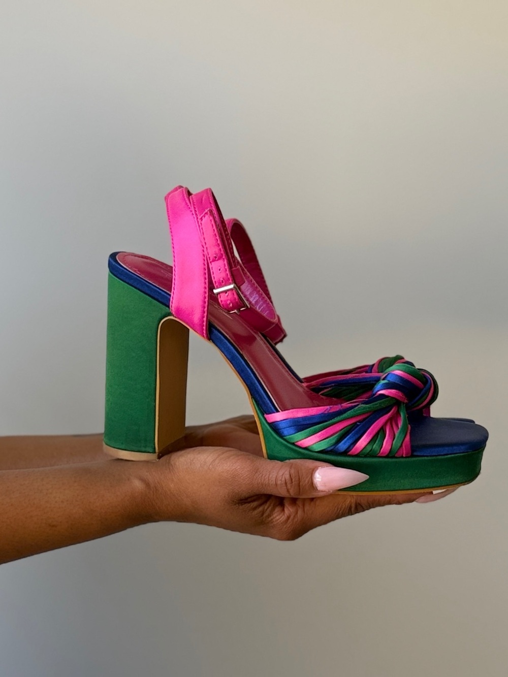 Bold Pink & Green Knot Platform Heel Sandal